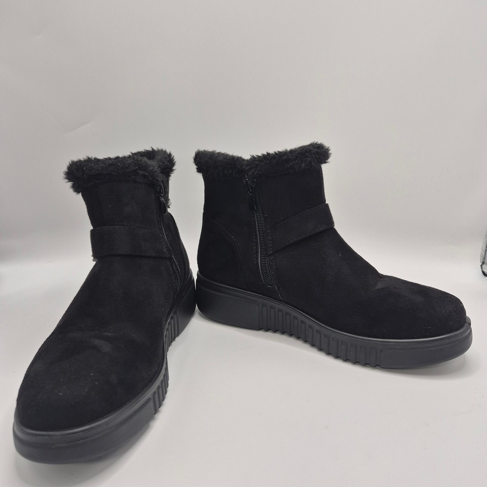 Flexus by Spring Step Black Suede Faux Fur Ankle Boots Side Zip Buckle Size 6